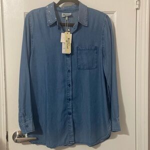 Blue Denim Shirt with Embellished Collar